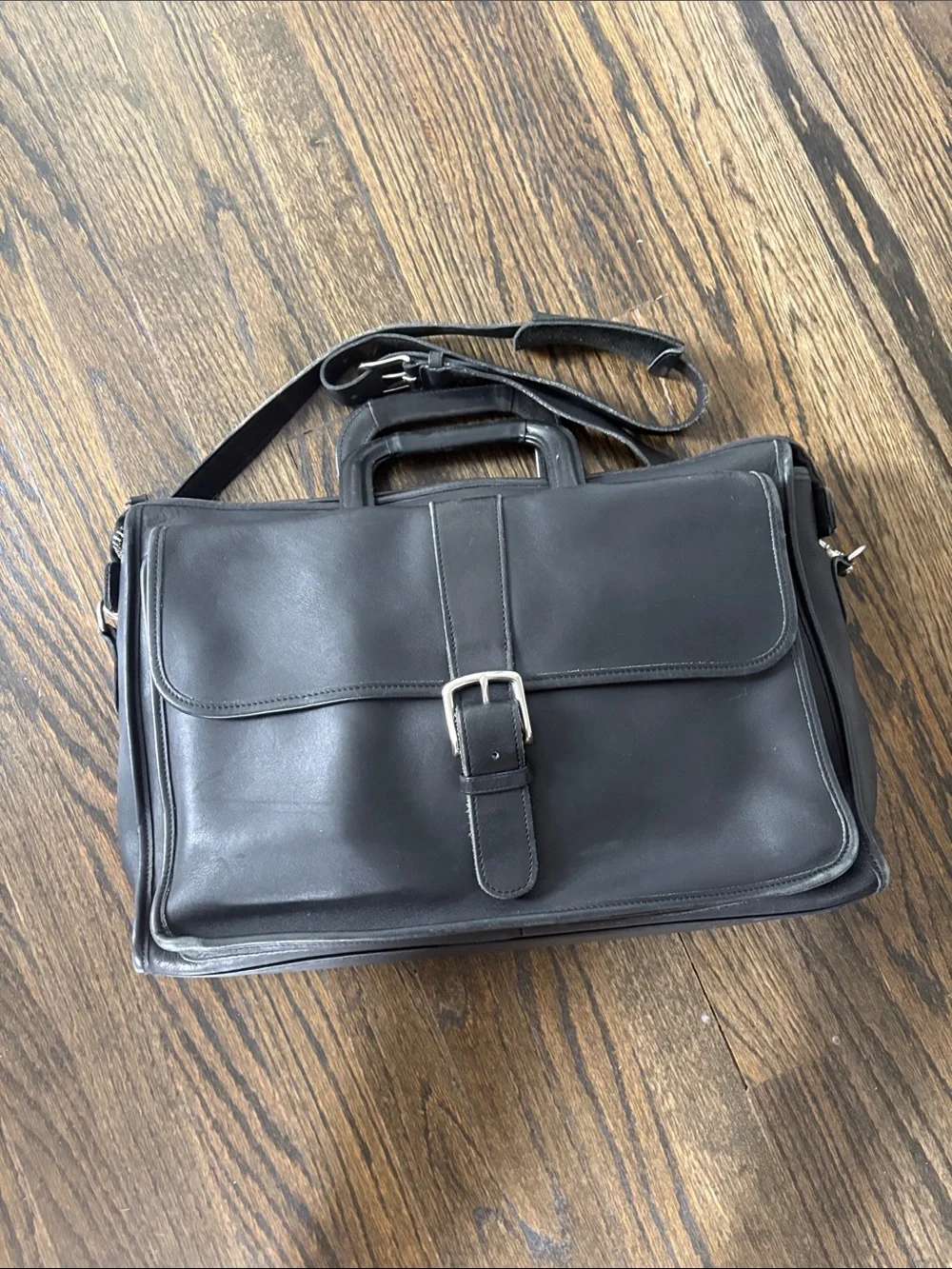 Classic Black Leather Briefcase with Shoulder Strap by COACH